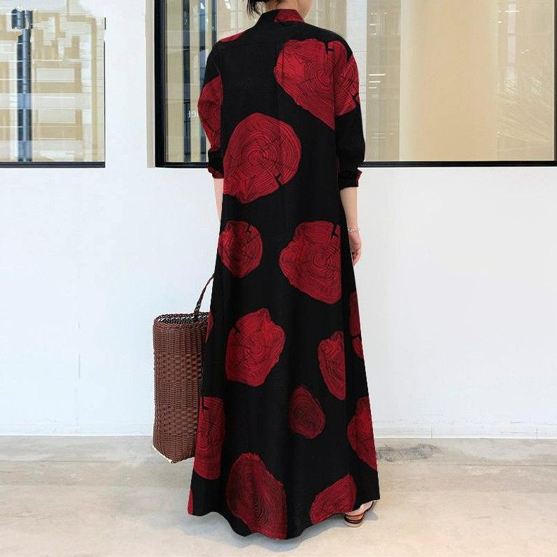 plus size women's clothing Muslim cotton and linen printed long-sleeved simple, loose and casual long shirt.