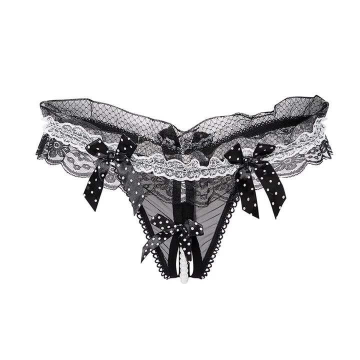 8804 Women Sexy Panties Y-Back G-String with Pearl and Bow Decor One Size