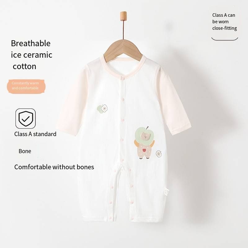 Baby Summer Ice Ceramic Cotton Romper, Long Sleeve No Bone Stitching Jumpsuit, Breathable Thin Infant Onesies with Snap Closure, 66-90cmApple Bear Pink