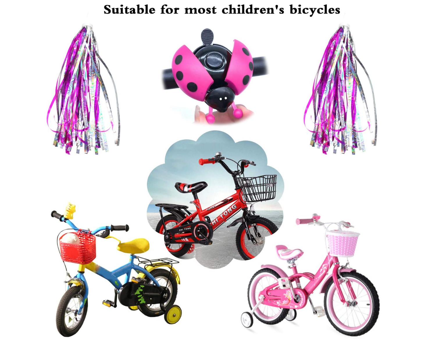 WELLHOME beifon 2 Pack Kids Bike Streamers + 1 Pack Kid's Bike Bell Bicycle Handlebar Streamers Girl's Bicyle Tassels Ribbons for Children's Bike Scooter Accessories(Colorful Pink)