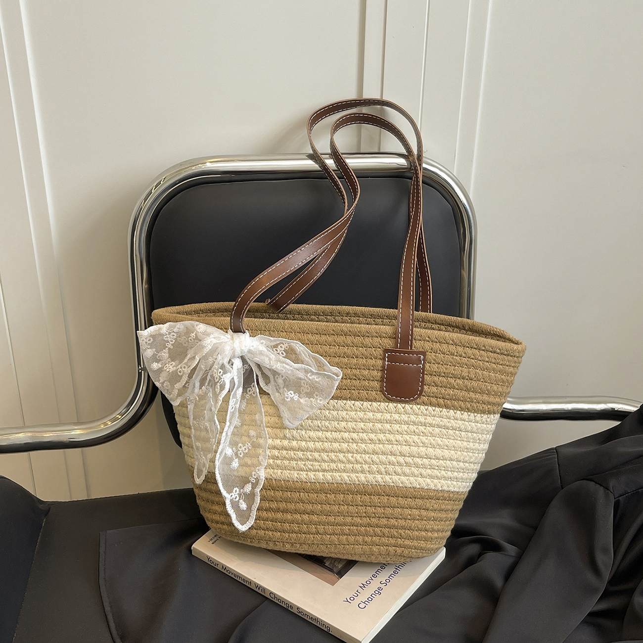Women's Striped Straw Beach Tote Bag, 36x22cm Woven Shoulder Bag with Lace Bow Decor, Large Capacity Casual Handbag for Summer & Vacation
