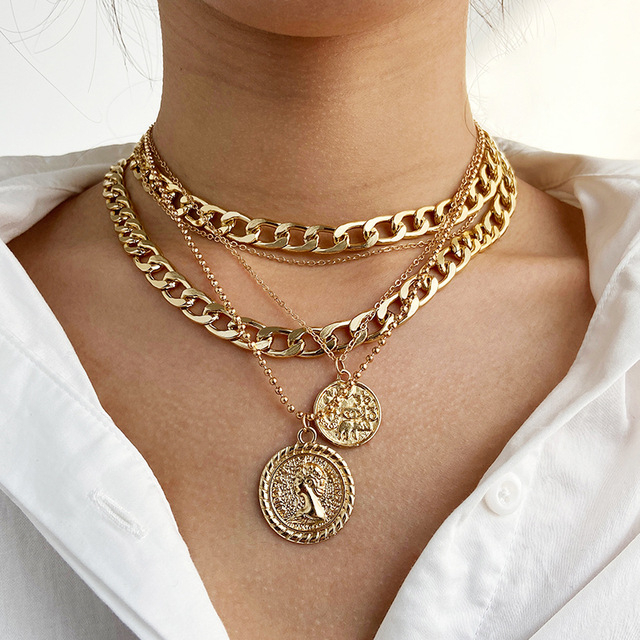 52436 Punk Gold Portrait Coin Pendant Necklace For Women Cuban Multi Layered Chunky Thick Chain Choker Necklaces Gothic Jewelry