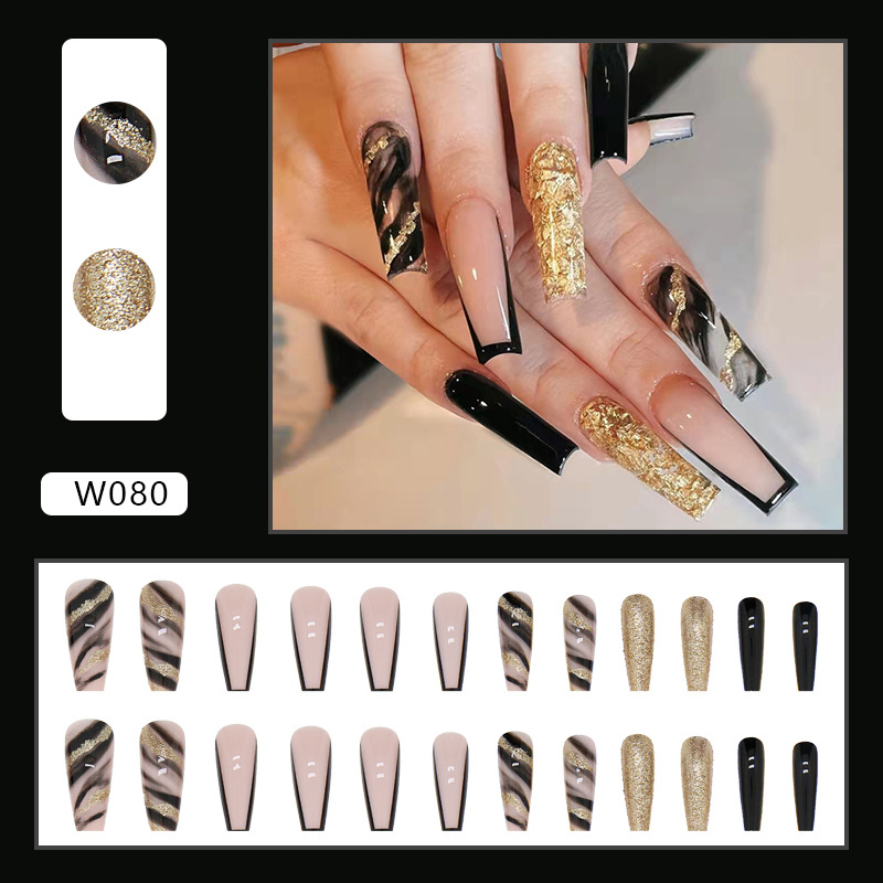 24pcs Detachable Long Coffin False Nails Gold Foil Leopard Pattern Fake Nails Full Cover Nail Tips With Glue