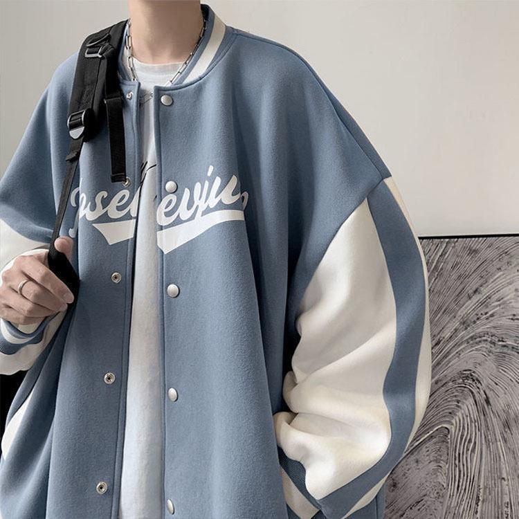 LSGZ Men's Spring and Autumn Versatile Patchwork Baseball Uniform Single Breasted Loose Coat