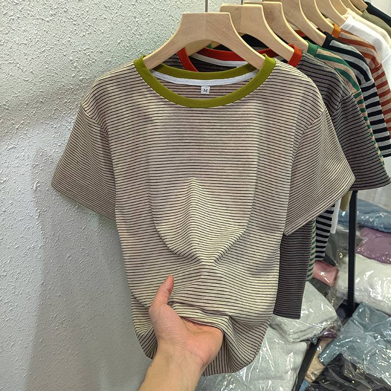 YF7815 Striped T Shirt Women O-neck Short Sleeve Pocket Tops Tee Shirts Women Clothes Casual Female sleeves t-shirt