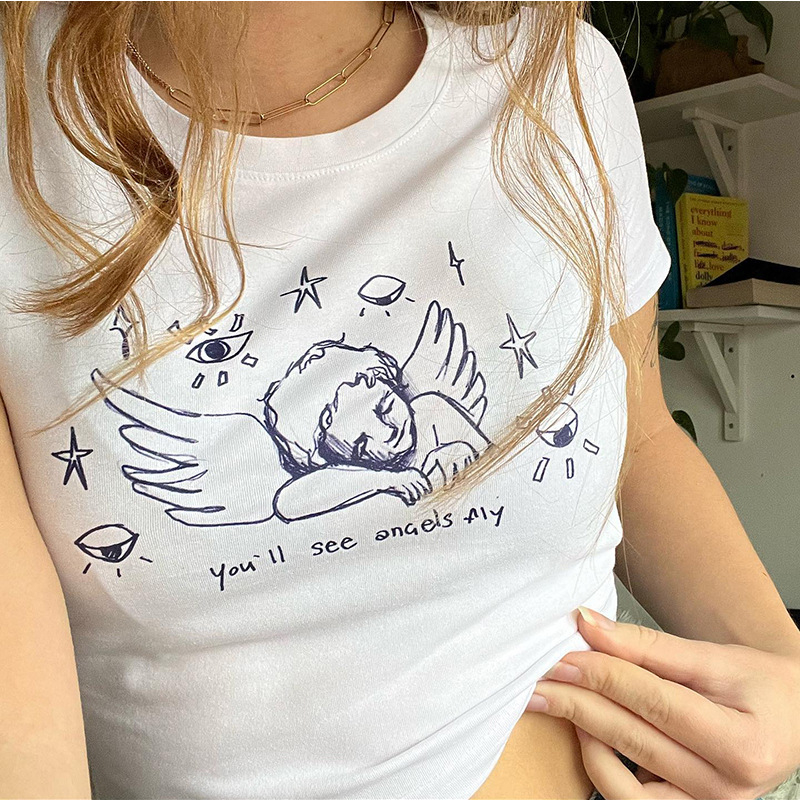 DIYB-NVTX70705 Women's Summer Fashion Cherub Print T-Shirt Simple Crop Top