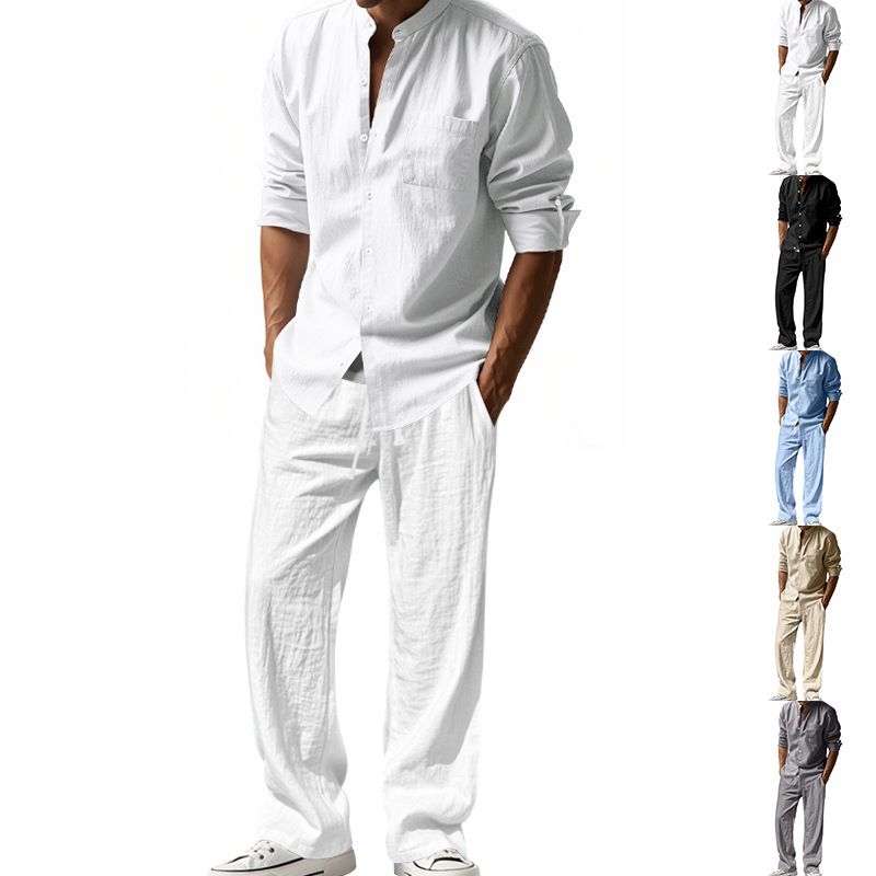 Men's Clothing Sets Two-Piece Outfits Flax Men's Casual Loose Breathable Long Sleeve Long Pants Shirt Beach Set