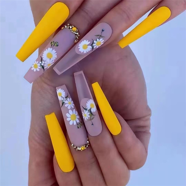 Matte Super Long Coffin False Nail Artificial Fingernails Yellow Color With Flower