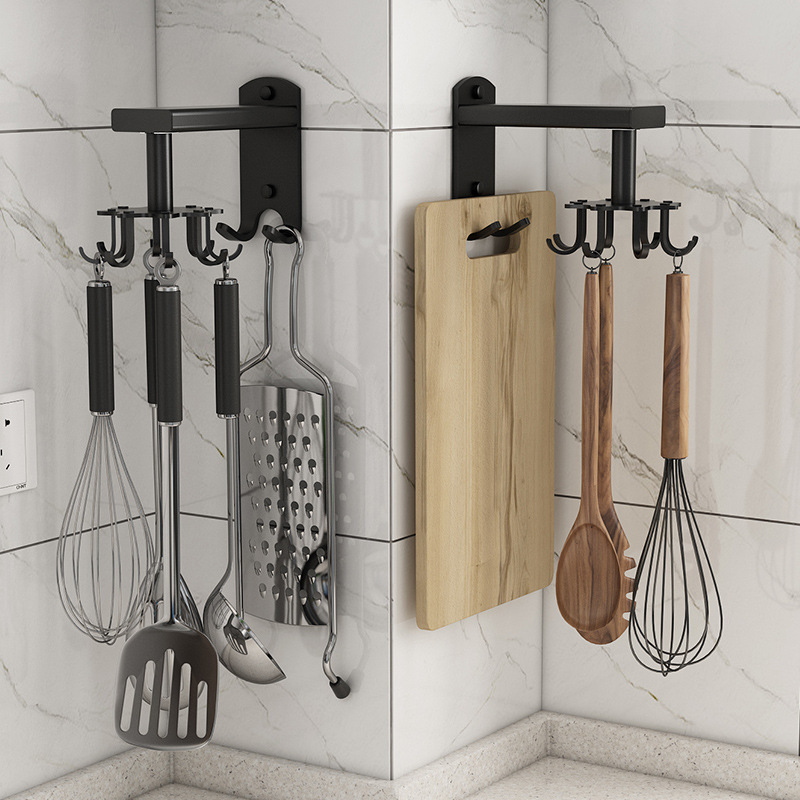 Wall Hooks for Hanging , Rotating Utensil Holder Space-Saving Kitchen Rack Wall Organizer with Removable Hooks for Spatula Spoon Cup Towel Key
