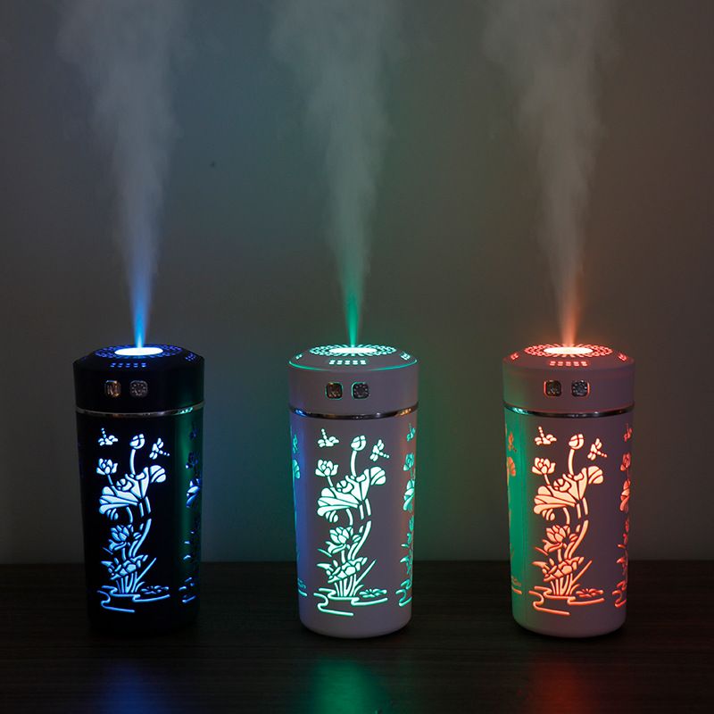 New Hollow-out Lotus Cup Humidifier Portable USB Aroma Diffuser with 7-Color Night Light Cool Mist Sprayer for Car Home Use
