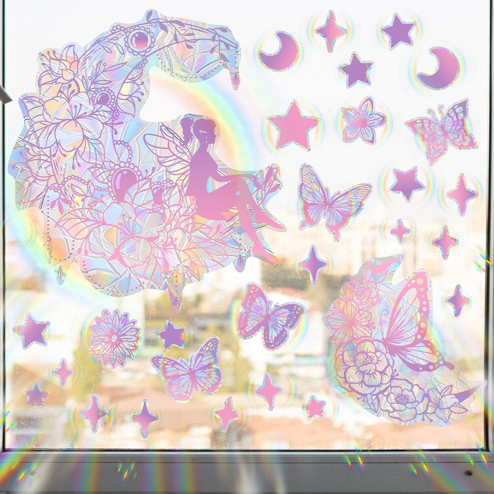 XC2374 Butterfly Sun Catcher Window Sticker Mushroom Leaf Stained Rainbow Prism Glass Wall Sticker Kids Room Home Decoration Suncatcher