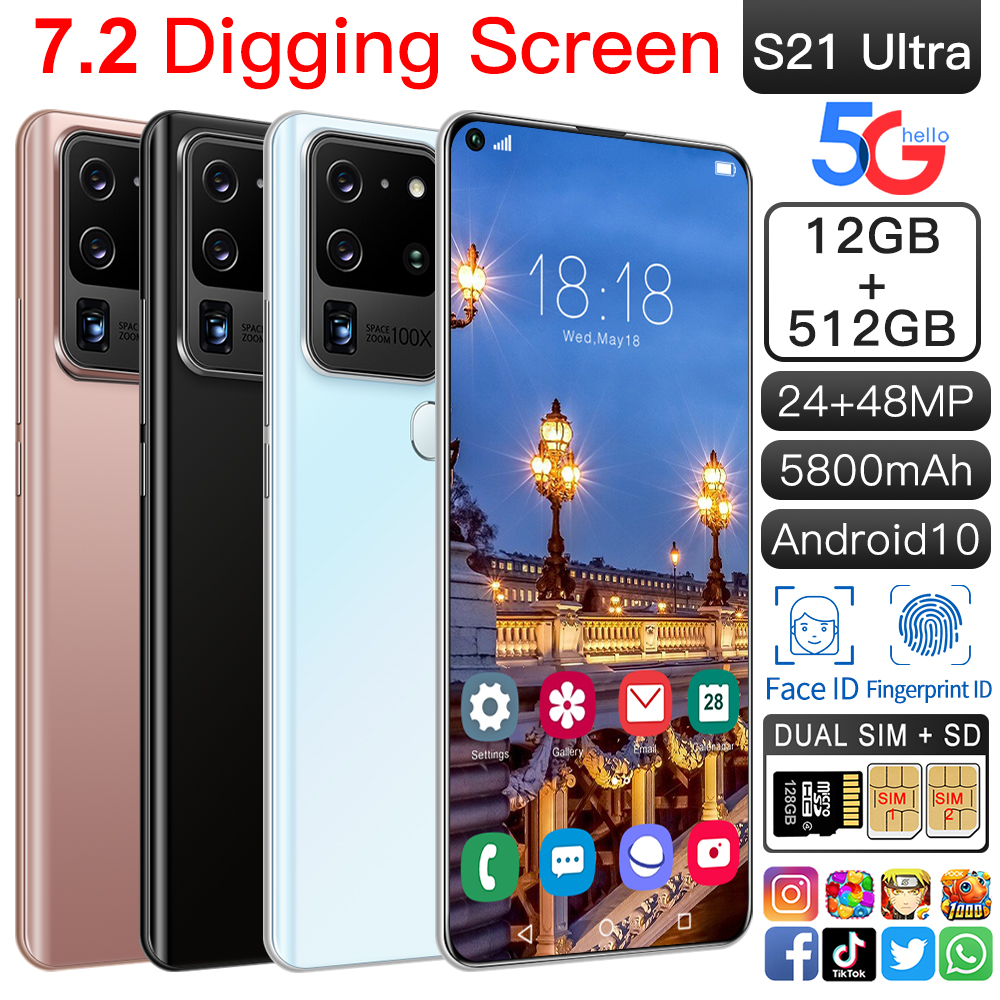 S21Ultra Smartphone 7.2Inch Full screen 12GB RAM+512GB ROM Dual Sim Dual Standby Face Recognition Mobile Phone