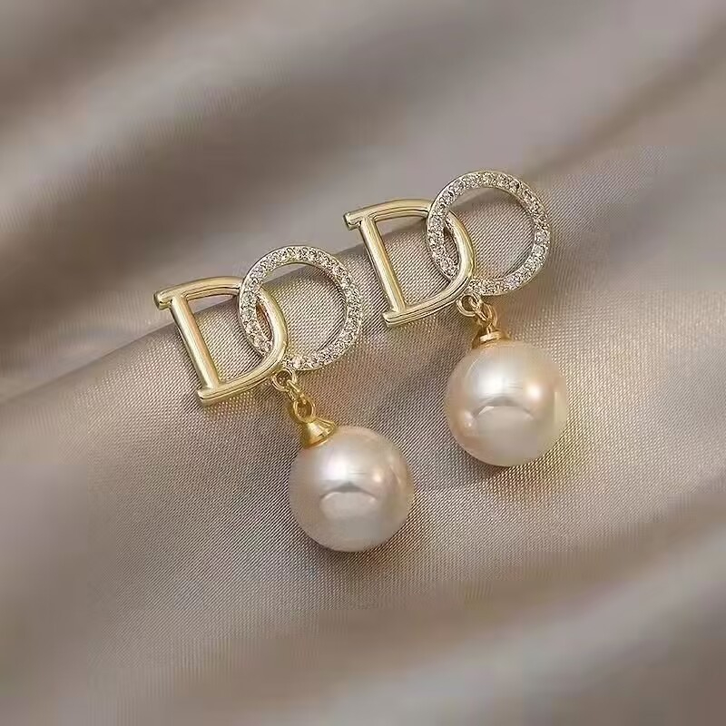 M21 Women Full Diamond DO Letter Pearl Pendant Earrings Jewelry Gift