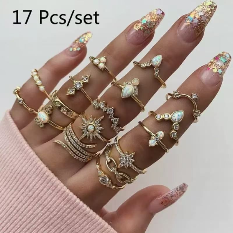 New Bohemian 17 Pieces Ring Set for Women Inlaid Rhinestone Metal Ring Luxury Design Fashion Charm Jewelry Party Gifts