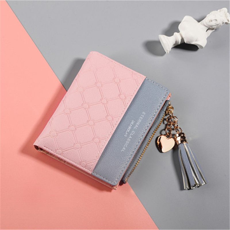 004-2 Women's New Spliced Short Wallet Tassel Zipper Wallet