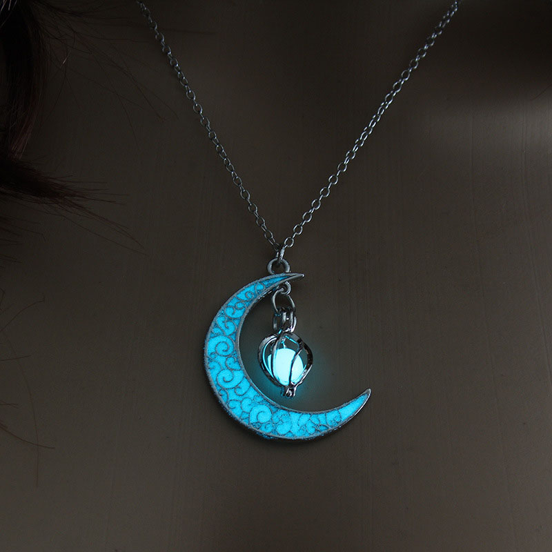 Luminous Enchanted Moonstone Necklace, Hollow Luminous Moon Whirlwind Rotating Bead Necklace Magical Fantasy Fairy Glowing Necklace for Women Girlslight blue