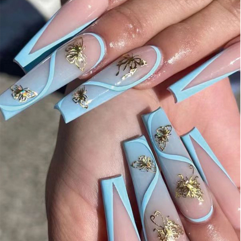 JP1711 24 Pcs Glossy Press on Nails, Super Long Coffin French Blue Line Gold Glitter Butterfly Print Fake Nails, Full Cover Artificial False Nails for Women and Girls
