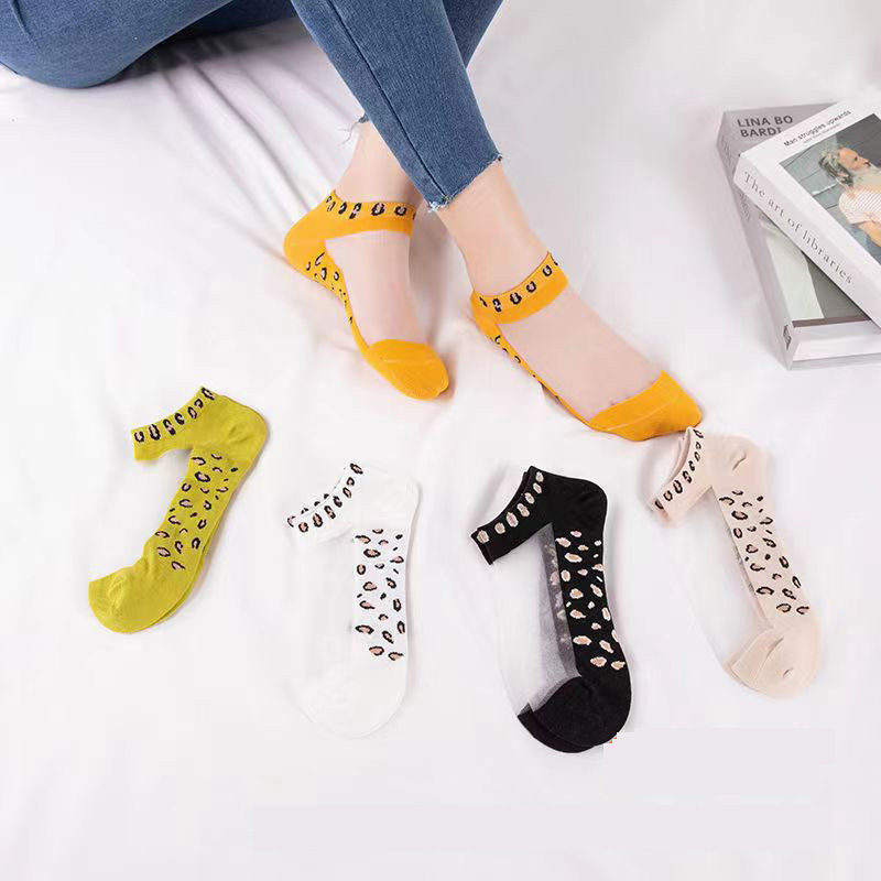 0015 20Pcs/10Pairs Spring and Summer Little Daisy Crystal Leopard Pattern Thin and Cool Breathable Student Transparent Cute Women's Silk Socks