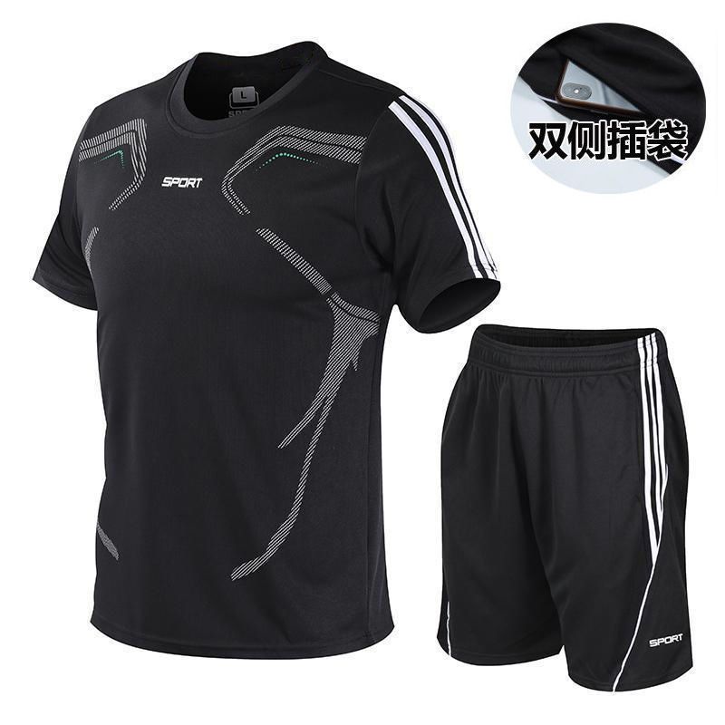 5085 Summer Hot Sport Suit Plus Size Running Set Dry Fit Fitness Gym T Shirt Short Sleeve Shirt +Gym Running Shorts Men Gym Clothing