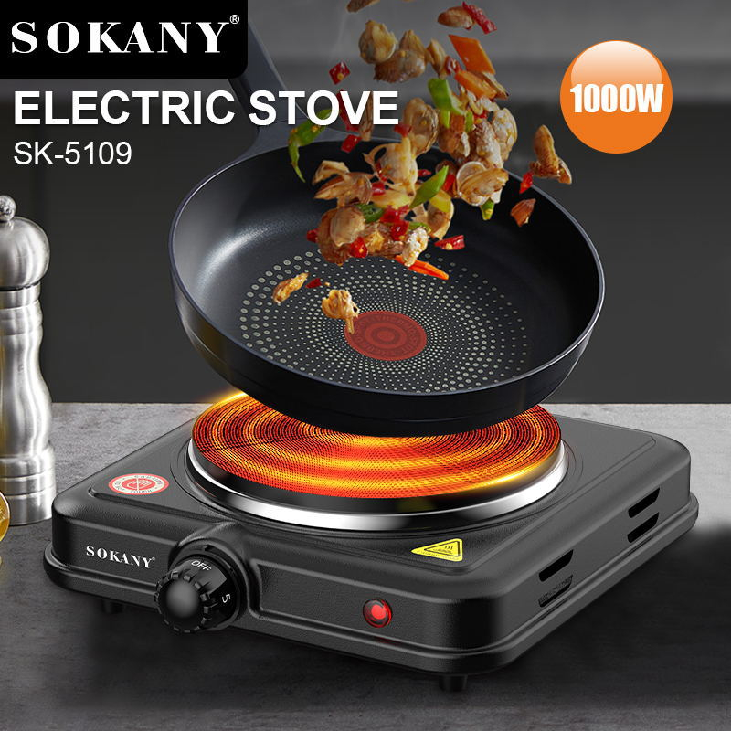 SOKANY 5109 1000W Portable Infrared Electric Burner Hot Plate for Cooking, Adjustable Temperature Control, Electric Stove with Non-Slip Rubber Feet Stainless Steel Easy to Clean
