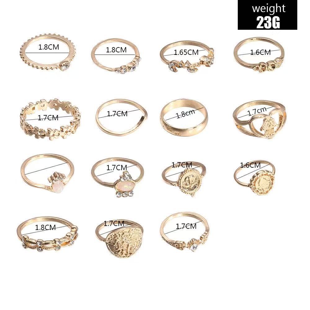 15 Retro Lady Jewelry Retro Gold-color Coins Cross Love Ring Europe And America Portrait Water Drill Ring Set Woman