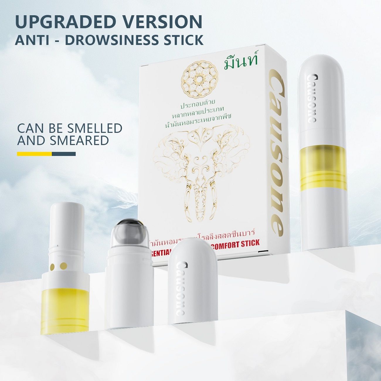 CAUSONE Thai Double-ended Nasal Inhaler, Lemon Mint Scent Eight Immortals Stick with Massage Roller Ball, Dual Use Aromatherapy Nasal Stick for Refreshing and Mind Boosting
