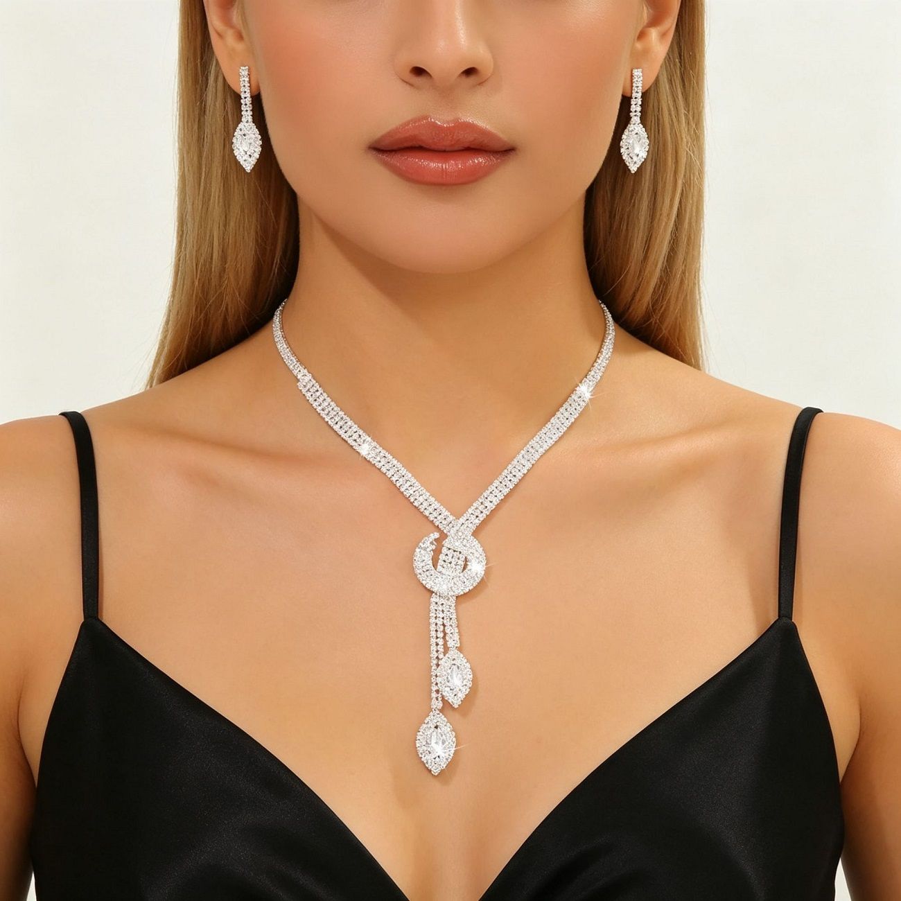 Full Rhinestone Geometric Teardrop 2Pcs Necklace Earrings Jewelry Set, Adjustable Wide Claw Chain Collarbone Choker, Silver Gold Rose Gold Three Tone Sparkling Zircon Ornaments, Unique Bridal Wedding Evening Banquet Prom Dress Matching Fashion Statement Accessories Gift for Women
