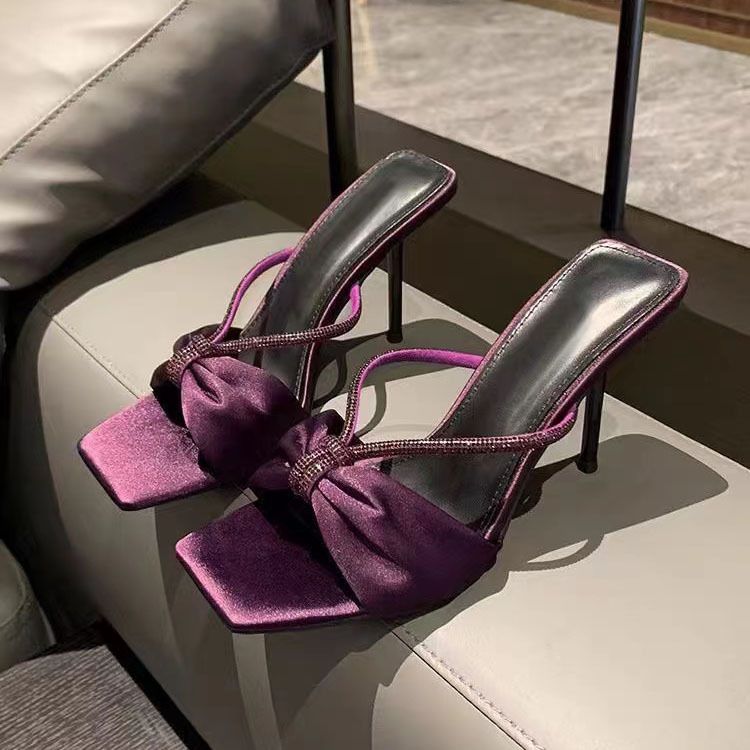 Women's Purple Satin Slippers, Elegant Square Toe Cross Strap Sandals, Sparkly Rhinestone Stiletto Thin Heels, Luxury Temperament Slip On Heeled Sandals, Fashion Party Wedding Dress Footwear for Ladies
