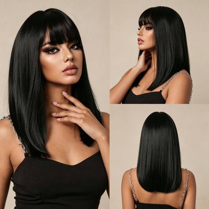 Black Medium‑Long Silky Straight Bob Wig with Flat Bangs, Realistic Synthetic Fiber Full Head Wig, Lightweight Breathable Wig Cap for Daily Party Cosplay Use
