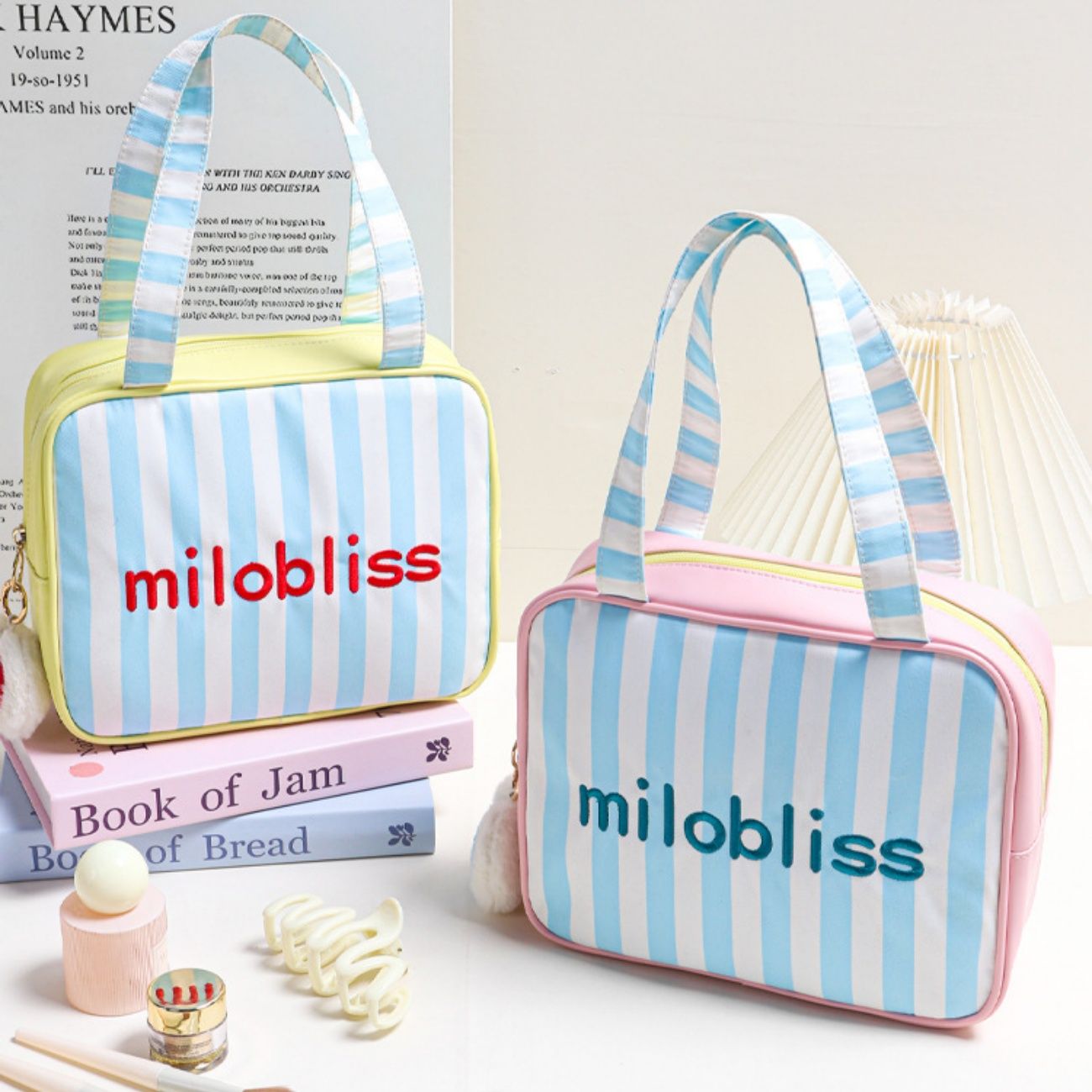 Milobliss Striped Handbag Portable Large Capacity Tote Bag with Plush Apple Charm for Daily Use Travel Shopping
