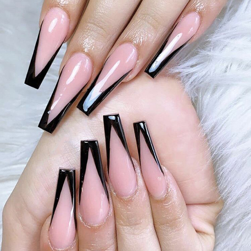 24Pcs/Set Pink Black Design False Nail French Stiletto Full Cover Fake Nails Glue DIY Manicure Nail Art Tools