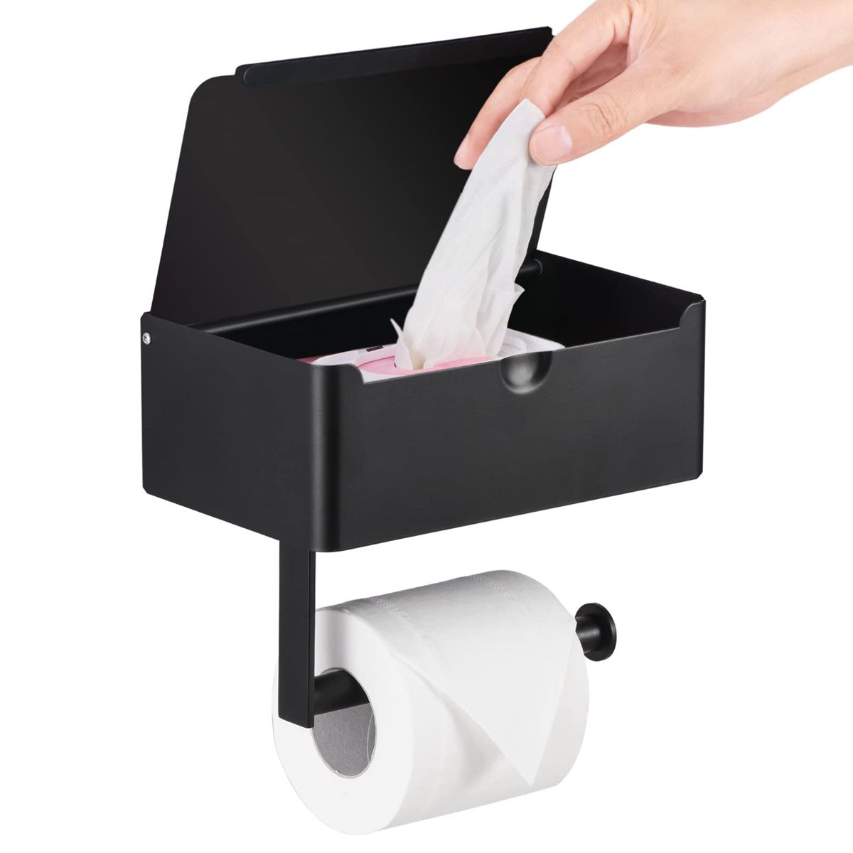 Toilet Paper Holder with Shelf, Wipe Holder for Bathroom, Large, Stainless Steel, Wall Mounted, Matt Black, Upgraded Toilet Paper Holder