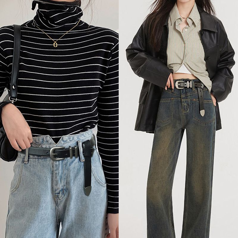 26152 Women's Retro Versatile Silver Buckle Belt Paired with Jeans Casual Pant