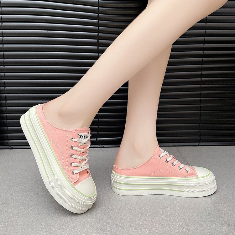 Candy-colored canvas shoes for women 2025 summer new style a single shoe with a full head preppy style thick sole simple half slipper