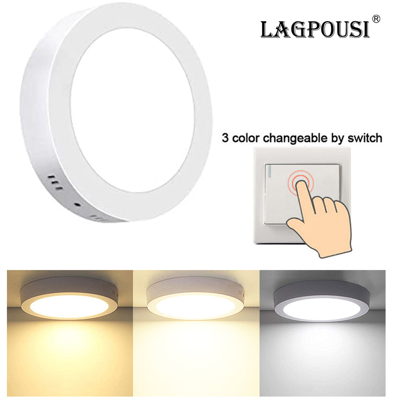 LAGPOUSI LED Recessed Mount Panel Ceiling Light Fixtures - 6W 12W 18W 24W Tri-Color Dimming Flat Circular Surface Mount Downlight for Closet/Corridor/Staircase/Kitchen/Basement Lighting