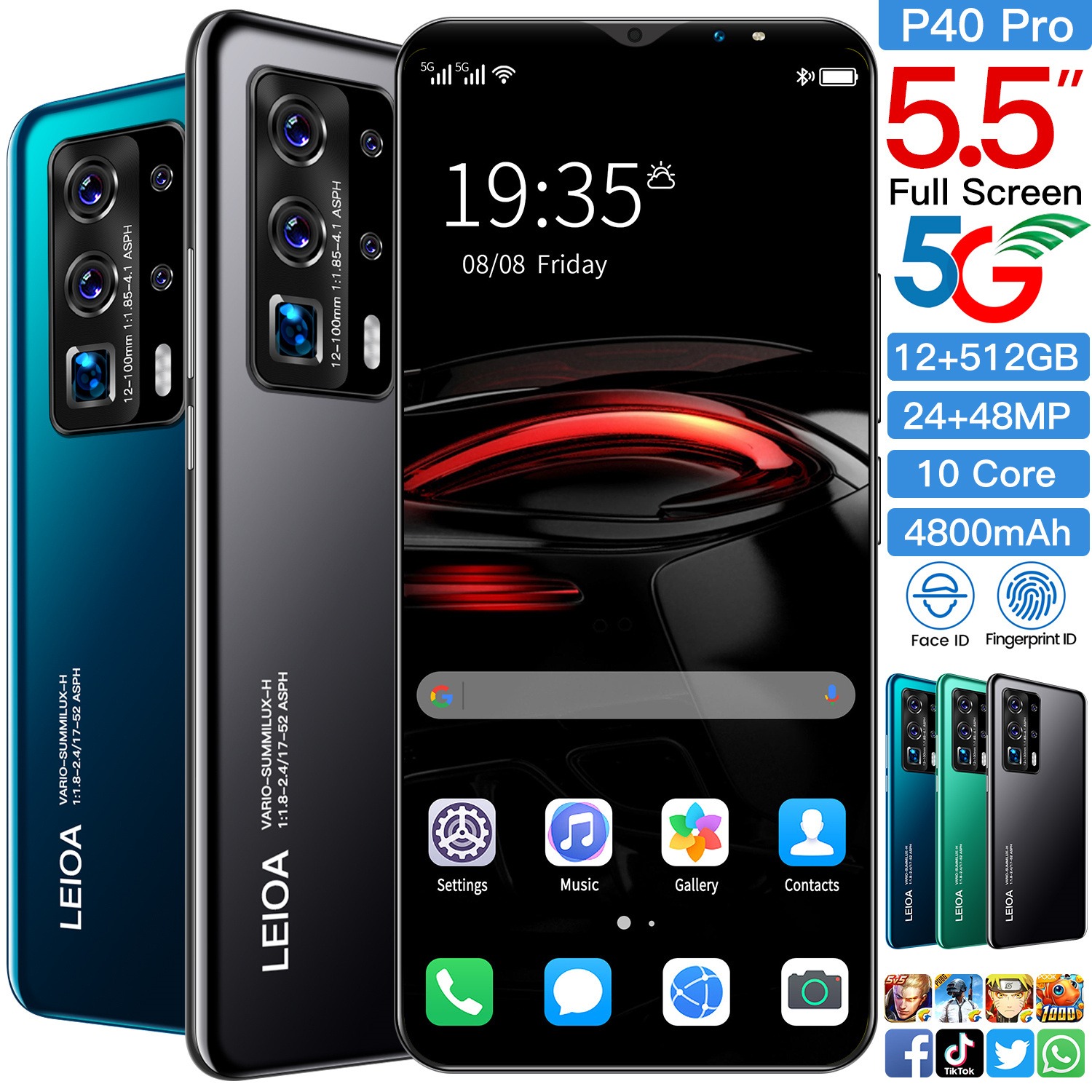 Galxy P40 Pro 5G 5.5 Inch Screen Smartphone Android 10.0 Cellphone 24+48MP 10 Core Unlock Mobilephone 4800mAh Battery Face ID