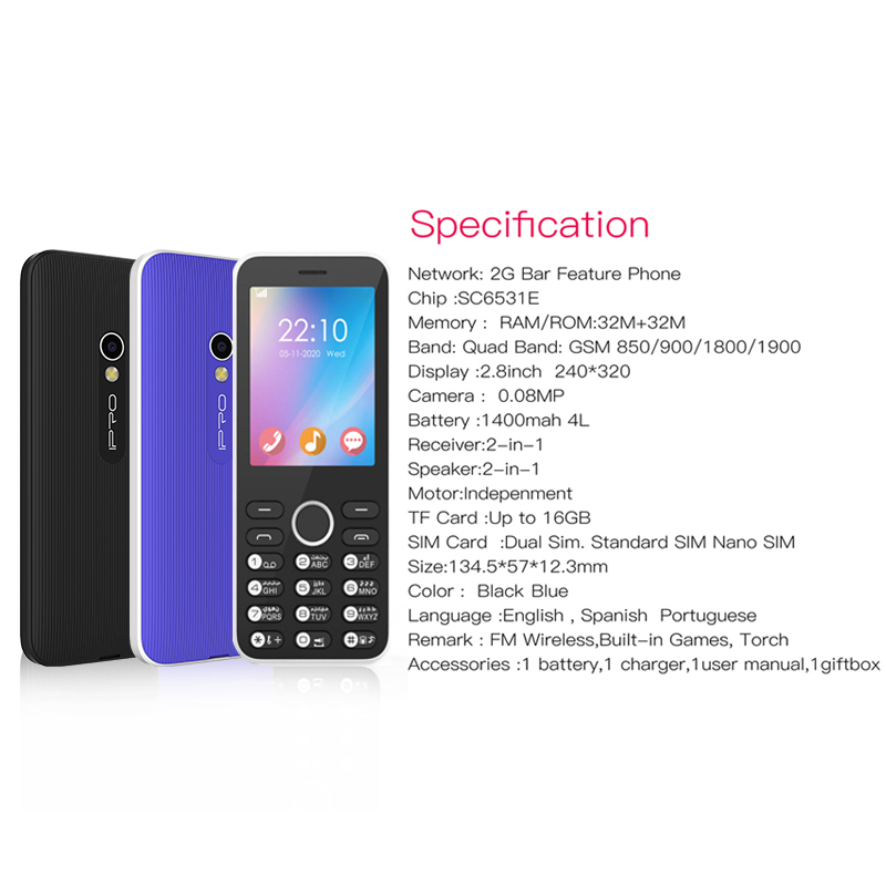 IPRO A29 2.8" 1400mAh Battery MP3 Player Dual SIM Flashlight inteligente Celulares 2G Celular Feature Phone