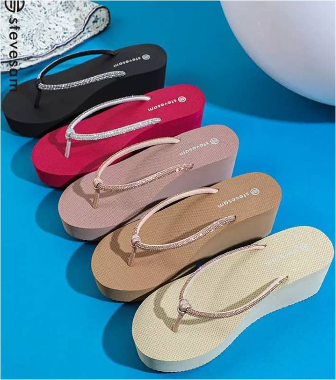 Wedge Slippers for Ladies-Waterproof Rhinestone flip flops slippers ladies
