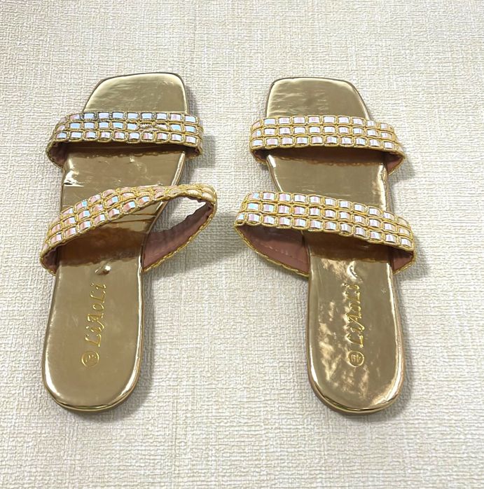 Women's summer flat slip-on slipper sandals - Ladies open-toe shiny rhinestones easy wear slippers