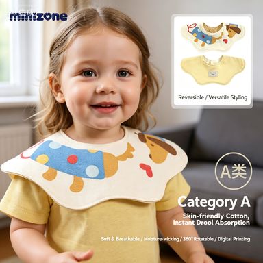 Minizone 360° Reversible Cotton Baby Bibs, Cute Printed & Solid Color Options, Absorbent & Breathable, Double-Sided Use, Adjustable Snap-On Bibs for Drooling & Feeding