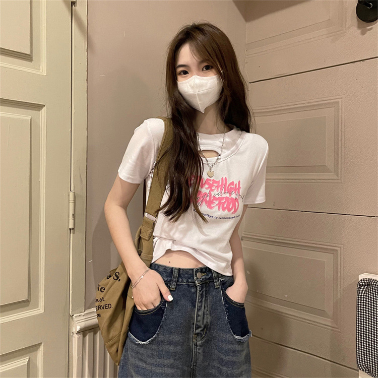 WYP-6791 Women's Fashion Loose Cutout Design Sense Printed Slim Slim Cropped T-shirt