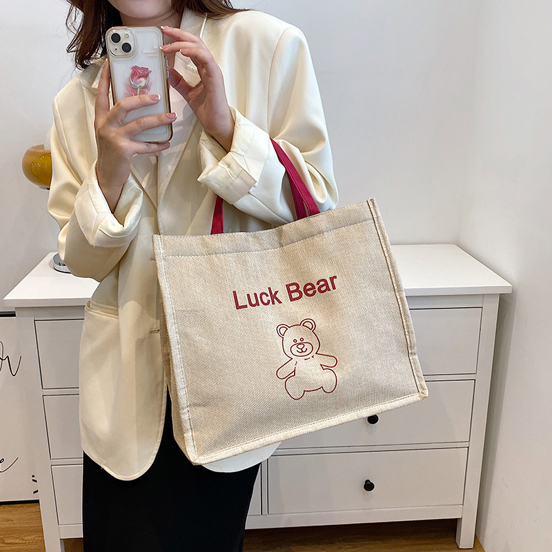 408qn Casual Women's Linen Lucky Bear Letter Prints Handbags Large Capacity Shopping Bags Ladies Beach Travel Shoulder Bags Tote Bag