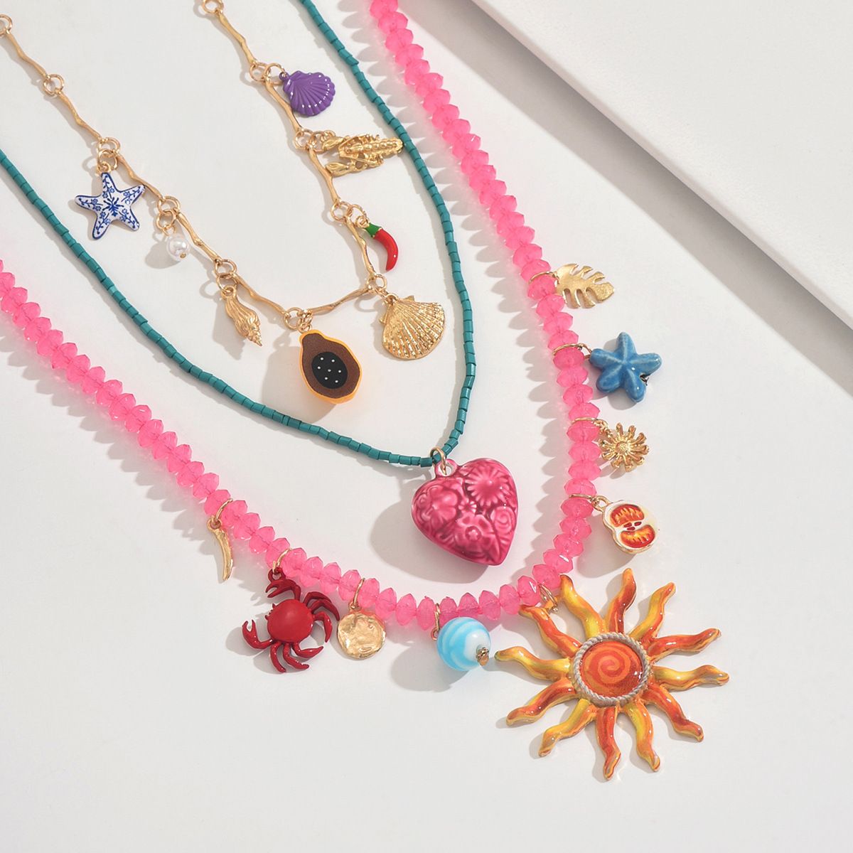 Bohemian 3-Layer Beaded Necklace with Colorful Sun, Heart & Ocean Charms, Adjustable Lengths, Tropical Statement Jewelry for Women Beach Vacation Wear
