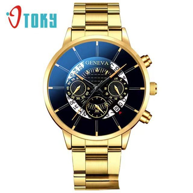 Calendar steel band watch men's large dial quartz watch men's watch foreign trade men's watchHollow gold
