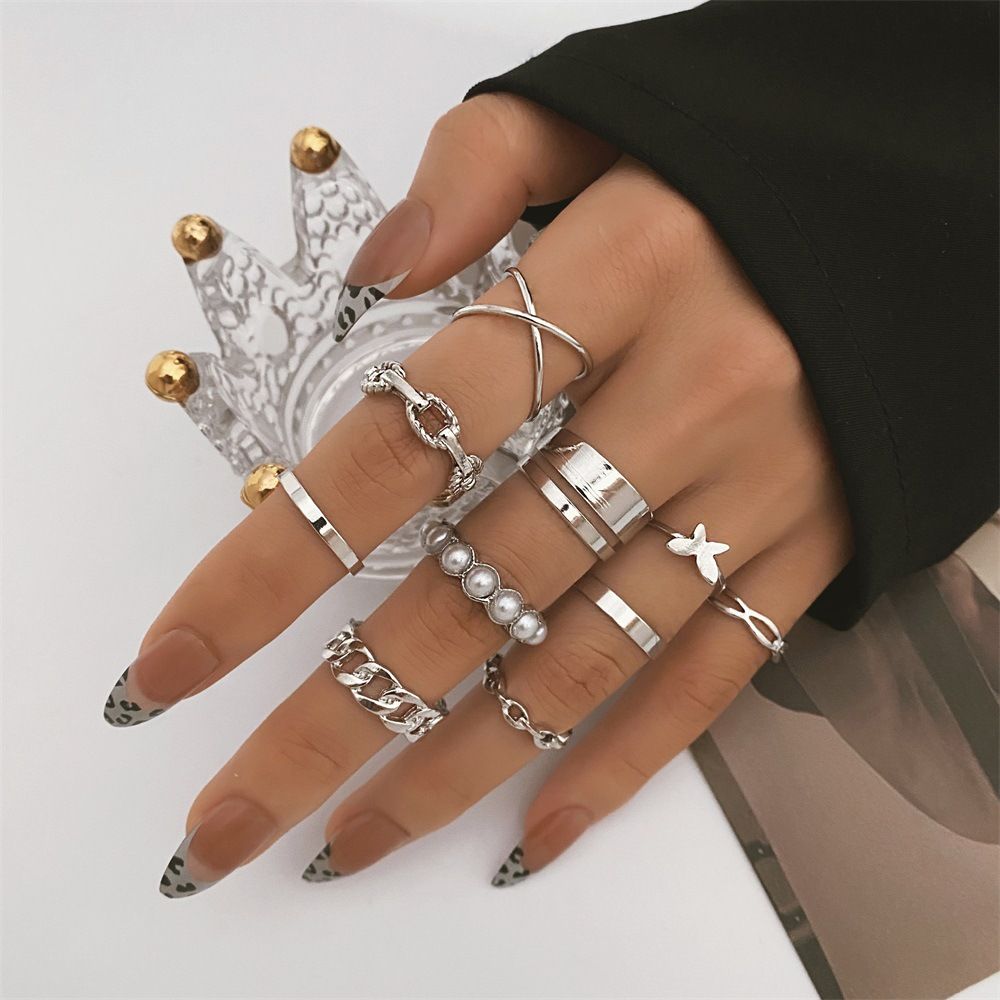 European and American butterfly pearl ring 10-piece silver female simple temperament joint ring set HSJ-13609