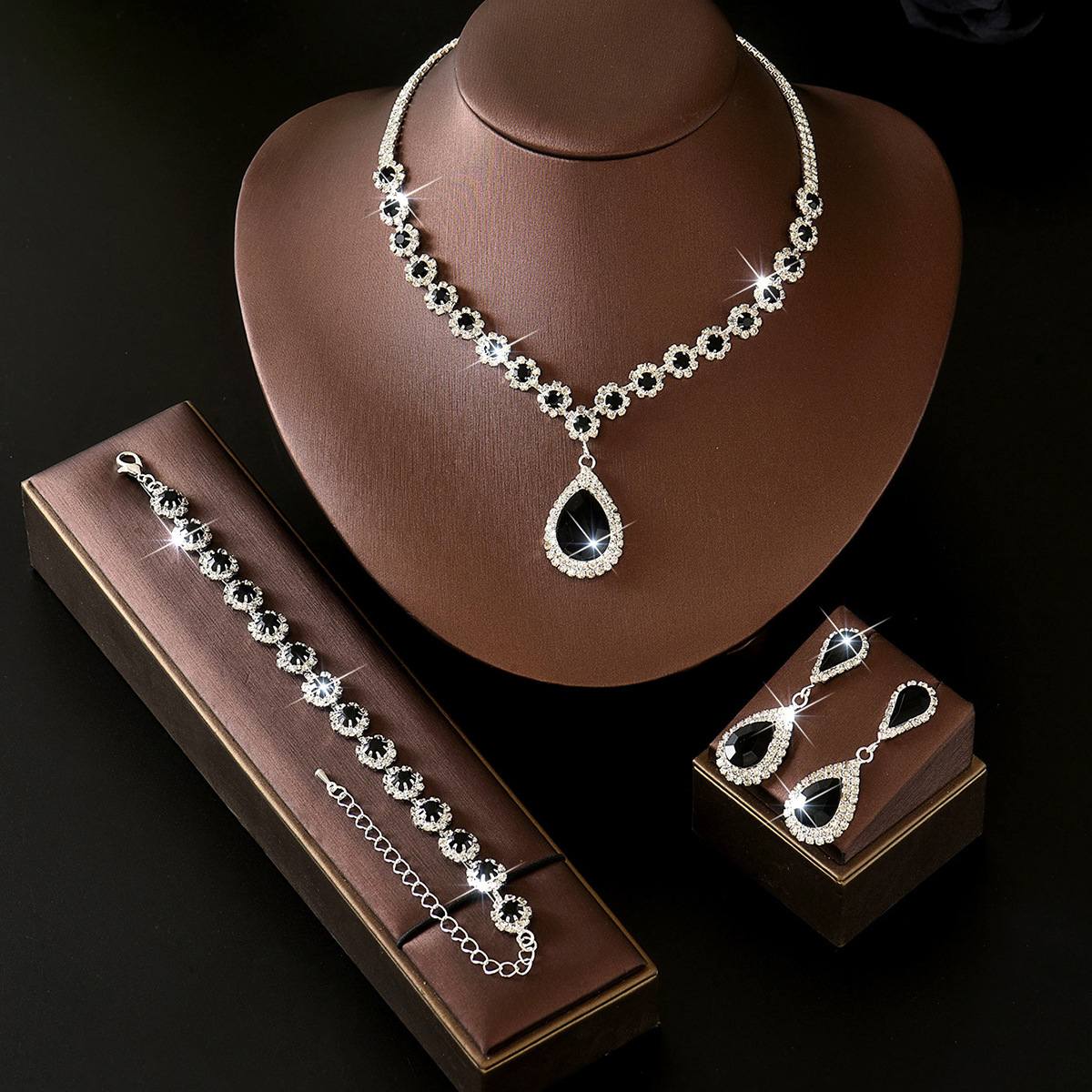 Silver Plated Black Teardrop Crystal Full Pave Rhinestone 3Pcs Jewelry Set Choker Necklace Drop Dangle Earrings Link Bracelet Luxury Minimalist Bridal Wedding Evening Banquet Prom Formal Gown Matching Versatile Women Fashion Statement Accessories Gift
