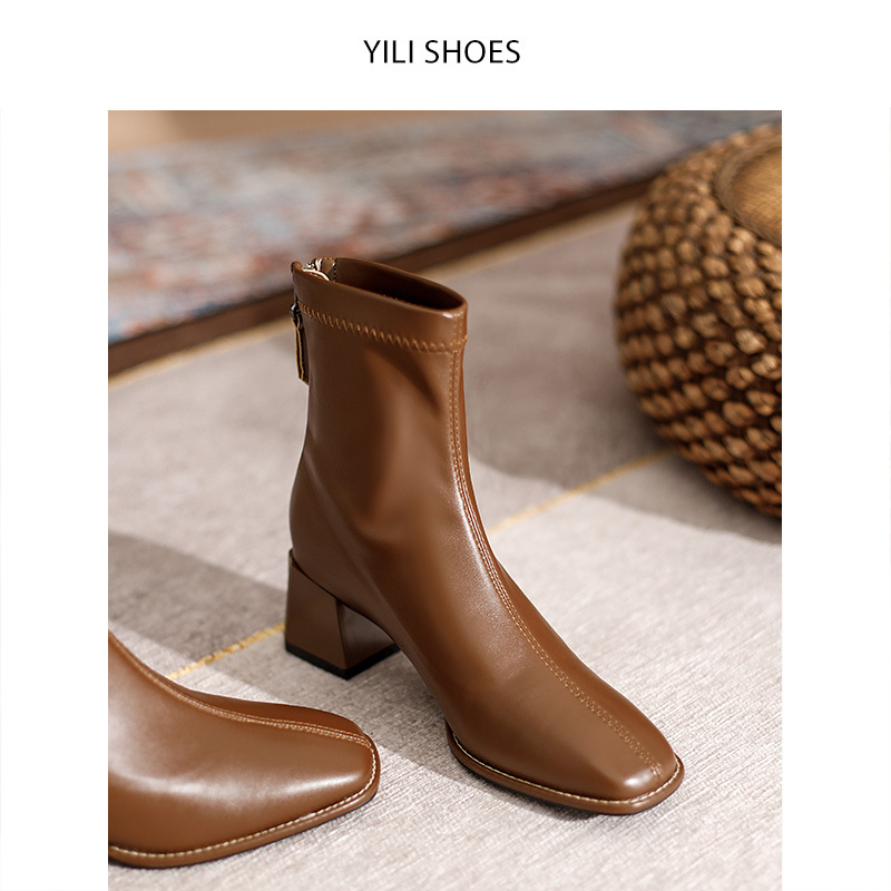 530 Womens Blocked Heel French Style Ankle Boots Square Toe Back Zip Slip On Retro Chelsea Booties