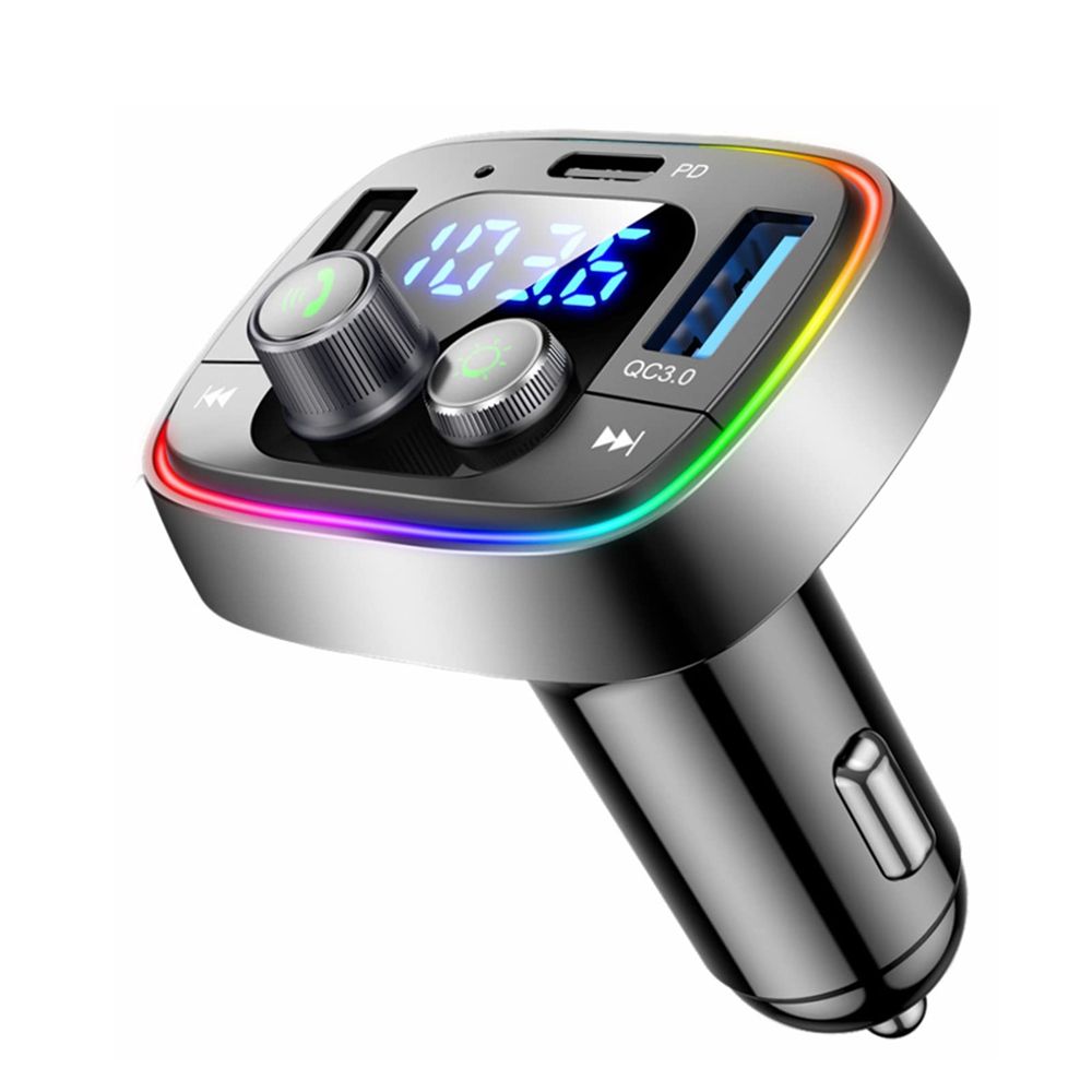 USB C Bluetooth Adapter for Car, AUX Wireless FM Radio Transmitter, Handsfree Calling & Audio Receiver, MP3 Music Player, QC3.0 & Type-C PD USB Charger,7 Colors LED Backlit