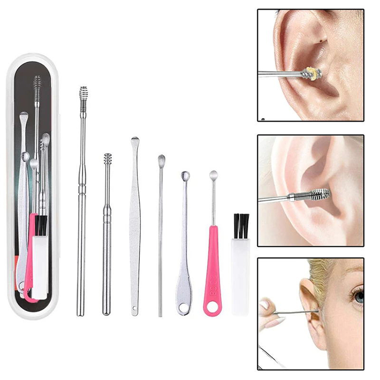 7Pcs/set Ear Wax Pickers Stainless Steel Earpick Wax Remover Curette Ear Pick Cleaner Ear Cleaner Spoon Care Ear Clean Tool 