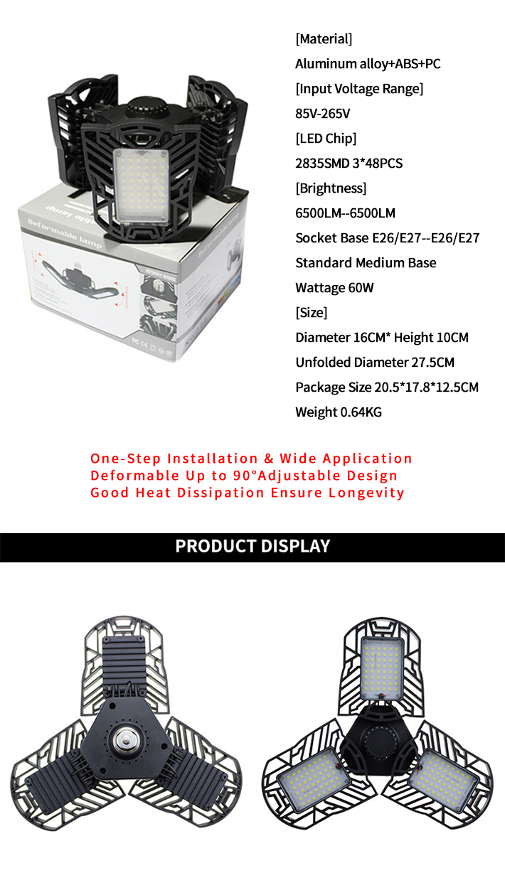 60W E27 6000LM Deformable LED Garage Ceiling Lights with 3 Adjustable Panels for Garage,Warehouse,Corridor (NO Motion Activated Sensor) White 6000-6500K

